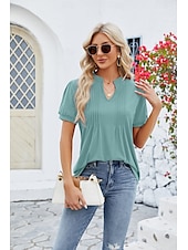 billige Kvinne Enkle Topper-Dame Boho T-skjorte Grafisk عادي Bohem søt stil Stilfull Kortermet Puffermer V-hals Vanlige topper Daglig Ut på byen Helg Trykt mønster Grå og Hvit Svart+Hvit+Grå Svart Lysegrønn Vin Sommer