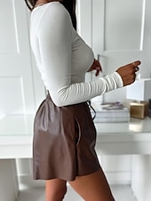 preiswerte Bermudashorts-Damen Lederhosen Casual Kurz Normal Einfarbig Bequem Unelastisch Freizeitskleidung Schwarz Braun Sommer Regular Fit