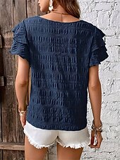 cheap Work Tops-Women&#039;s Blouse Solid Color Elegant Daily Stylish Short Sleeve Crew Neck Regular Tops Daily Holiday Going out Ruffle Patchwork Sage Green Red Navy Blue Purple Green Summer Spring