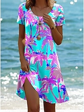 preiswerte Hawaiian-Kleider-Damen Minikleid Casual kleid Böhmen Urlaub Tropisch Kappe Urlaub Festtage Strand Regular Fit Farbverlauf Graphic Tropisch Kurzarm Rundhalsausschnitt Weiß Rosa Blau Purpur Sommer Frühling