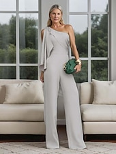 abordables Combinaisons pour maman-Combinaison  Pantalon de maman de la mariée Invitée de mariage élégante simple minimaliste épaule unique longueur de sol polyester sans manches avec nœud(s) volants couleur unie