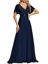 baratos Vestidos para Madrinhas-vestido de dama de honra linha a decote em v manga curta elegante comprimento até o chão chiffon com faixa / fita / franzido 2025