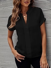 abordables Hauts de Travail pour Femmes-Femme Chemise Chemisier Couleur unie mode Décontractées Manche Courte Col cranté Hauts réguliers du quotidien Noir Blanche Bleu Fuchsia Eté Printemps