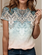 billige Boho t-skjorte-Dame T skjorte Blomstret Grafisk Årgang Stilfull Fritid Kortermet Crew-hals Vanlige topper Daglig Ut på byen Helg Trykt mønster Blå Sommer Vår