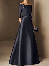 abordables BLEU-Robe de soirée A-Line élégante robe de fiançailles formelle soirée longueur sol manches demi épaule dénudée invité de mariage en chiffon avec fronces