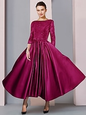 baratos Comprimento do chão-Vestido A-Line para Mãe da Noiva Convidada Formal Festa Elegante Decote Redondo Comprimento Chá Renda de Cetim Manga 3/4 com Cinto  Fita tamanho personalizado gratuito.