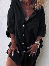 economico disegnare abiti in cotone e lino-Abito mini da donna Abito camicia Abito casual Di base Casual Vacanza Quotidiano Vestibilità regolare Lino semplice Maniche lunghe Colletto Nero Verde chiaro Rosa Blu Estate