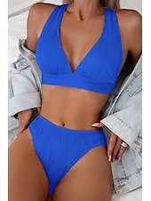 billiga Bikiniset-Dam Badkläder Bikini 2 st Kaxig Baddräkt Öppen rygg Smal Semester Standkläder Ensfärgat V-hals Ärmlös Baddräkter