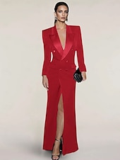 cheap Floor Length-Blazer Dress Mermaid / Trumpet Evening Gown Elegant Dress Pinstripe Tuxedo Dress Zipper Up Wedding Guest Formal Floor Length Long Sleeve Peak lapel collar Satin with Pocket 2025