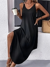 abordables vestido largo negro-Mujer Vestido Midi Vestido negro Vestido Cóctel Vestido formal Elegante Básico Sensual Diario Vacaciones Ajuste regular Plano Sin Mangas Escote en Pico Negro Vino Verde Ejército Verano