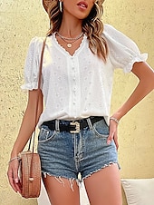 voordelige Dames eenvoudige tops-Dames Overhemd Blouse Effen Kleur Elegant Stijlvol Basic Korte mouw V-hals Normale tops Dagelijks Geborduurd Wit Zomer Lente