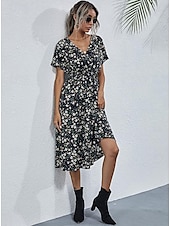 billiga Eleganta blommiga klänningar-Dam Midiklänning Vardagsklänning Swingklänning A linjeklänning Stylish Ledigt Semester Dagligen Normal Blommig Kortärmad V-hals Svart Vit Gul Rodnande Rosa Sommar