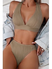 billiga Bikiniset-Dam Badkläder Bikini 2 st Kaxig Baddräkt Öppen rygg Smal Semester Standkläder Ensfärgat V-hals Ärmlös Baddräkter