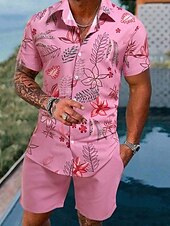 お買い得  メンズプリントシャツセット-男性用 植物 2個 シャツセット 夏のトップス 半袖 ショートパンツ 折襟 カジュアル リゾート アウトドア カジュアル 日常 3Dプリント 夏 ピンク