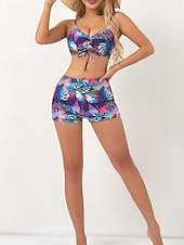 voordelige 3-delige bikiniset-Dames Zwemkleding Bikini 2 stuks Korte broek Zwempak Blote rug Slank Vakantie Strand Kleding Bladeren V-hals Mouwloos Lange mouw Badpakken
