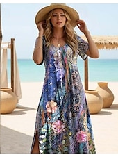 voordelige Bloemenjurk-Dames Maxi Jurk Zwarte Jurk Lange Mouw Boho Jurk Elegant Vintage Vlinder Mouw Vakantie Strand Regular Fit Bloem Motief Korte Mouw Crew Hals Teal Lente Fall