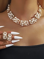 abordables Collar de mujer-Conjunto de collar y pendientes de perlas de imitación de lujo: elegante joyería nupcial bañada en oro para bodas, fiestas y eventos formales