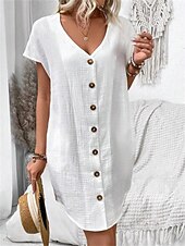 cheap Dresses-Women's Mini Dress Faux Cotton Linen Shift Dress Casual Dress Tank Dress Basic Casual Batwing Sleeve Casual Daily Vacation Loose Fit Plain Short Sleeve V Neck Black White Pink Green Summer Spring