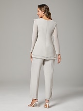 economico Tailleur pantalone della mamma-Tuta a Due Pezzi  Completo da Pantaloni per Madre della Sposa Elegante Taglia Plus Collo a Giada Lunghezza Completa Chiffon Maniche Lunghe con Fiocco(i) Ruches