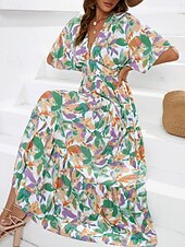 billiga Eleganta blommiga klänningar-Dam Maxiklänning Vardagsklänning A linjeklänning Stylish Ledigt Semester Dagligen Normal Blommig Halvlång ärm V-hals Blå Sommar