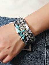 baratos Pulseira Feminina-Pulseira magnética de couro boho e turquesa - design ajustável em várias camadas com penas e pedras preciosas, perfeita para estilos casuais, de verão e festivais