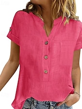 baratos Camisas-Mulheres Camisa Social Camisa de linho Camisas de algodão e linho Tecido Diário à moda Básico Manga Curta Colarinho de Camisa Tops regulares Trabalho Diário Feriado Botões Rosa Azul Rosa cor de Rosa