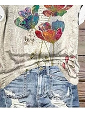 abordables T-shirt Animaux-Femme T shirt Floral Décontractées Manche Courte Col Rond Hauts réguliers du quotidien Imprimer Jaune Eté