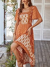 tanie Wakacyjne sukienki-Damskie Sukienka maxi Codzienne sukienki Sukienka rozkloszowana Sukienka A line Elegancki Codzienny Urlop Codzienny Regularny Kwiaty Krótki rękaw Kwadratowy dekolt Żółty Rumiany róż Pomarańczowy
