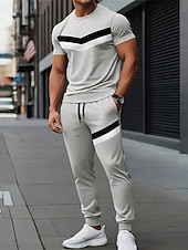 Men's Workout Set Tracksuit T shirt & Pants Set Outfit Set Crew Neck Outdoor Daily Sports Pocket Drawstring 2 Piece Color Block Black Light Grey Polyester Activewear Classic Casual Summer4