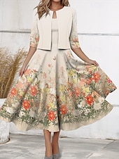 levne květinové šaty-Dámské Sada šatů Volnočasové šaty Šifonové šaty Swingové šaty Elegantní Květinový Tisk Midi šaty Poloviční rukáv Do V Dovolená Rande Béžová Jaro Běžný