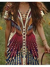 billige Boho-kjoler-Dame Maxikjole Uformell kjole Boho elegante kjoler Kjole med A-linje Bohem Ferie Årgang Feriereise Daglig Normal Blomstret Kortermet V-hals Gul Sommer Vår