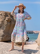 economico Abiti casual floreali-Per donna Abito lungo Abito lungo Abito boho Abito midi Informale Manica a sbuffo Interni Informale Giornaliero Standard Floreale Stile Boho Mezza manica A V Blu Estate Autunno