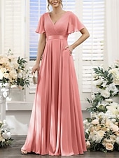 baratos Vestidos para Madrinhas-Linha A Vestido de Madrinha Decote V Manga Curta Elegante Longo Chiffon com Franzido 2022