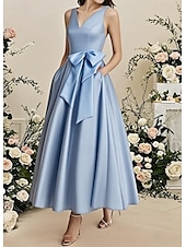 preiswerte Brautjungfernkleider-A-Linie Brautjungfernkleid V-Ausschnitt Ärmellos Elegant Knöchellänge Satin mit Schleife(n)  Falten