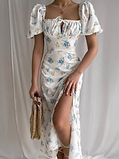 economico Abito Floreale-Per donna Vestito longuette Abito a corsetto Abito linea A Abito da lattaia Abito con maniche a sbuffo Festività Da mare Giornaliero Standard Floreale Manica corta Squadrata Bianco Giallo Rosa Blu