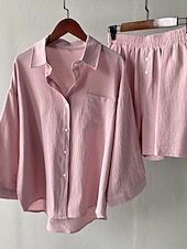 cheap Sets-Women&#039;s Vacation Fashion Shirt Linen-Inspired Sets Two Piece Sets Beach Shorts Baggy Shorts Short Sleeve Shirt Collar Solid Color Drawstring Daily Wear Date Pink Green Gray Summer Regular Fit