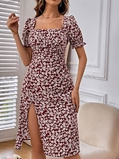 preiswerte Blumenkleid-Damen Midikleid Corsagenkleider A Linie Kleid Milchmädchen-Kleid Kleid mit Puffärmeln Urlaub Urlaub Casual Täglich Regular Fit Blumen Graphic Kurzarm Quadratischer Ausschnitt Schwarz Burgunderrot