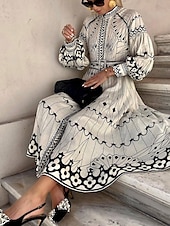 halpa Raidallinen ja geometrinen mekko-Naisten Midimekko Korsetti mekko A linjainen mekko Puff Sleeve mekko Loma Puolimuodolliset mekot Muodollinen Loma Työ Normaali Kuvitettu Lyhythihainen poolokaulus Valkoinen Kesä