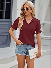 cheap Lace Tops-Women&#039;s Boho T-shirt Plain Bohemia Cute Stylish Short Sleeve Puff Sleeve V Neck Shirt Collar Regular Tops Daily Going out Weekend Ruffle Eyelet Sage Green Black White Pink Wine Summer