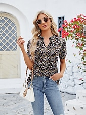 billige Kvinne Enkle Topper-Dame Boho T-skjorte Grafisk عادي Bohem søt stil Stilfull Kortermet Puffermer V-hals Vanlige topper Daglig Ut på byen Helg Trykt mønster Grå og Hvit Svart+Hvit+Grå Svart Lysegrønn Vin Sommer