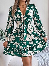 cheap Casual Floral Dresses-Ramadan Women&#039;s Normal Mini Dress Boho Chic Dresses Boho Dress Cami Dress Off The Shoulder Dress Bohemia Stylish Sexy Puff Sleeve Vacation Party Birthday Form Fit Floral Graphic Long Sleeve Plunging