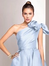 abordables Robes de cocktail-Robe cocktail en A élégante robe formelle mariage longueur thé sans manches une épaule satinée avec fente froncée robes