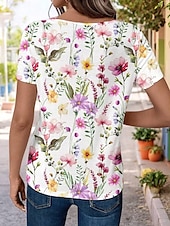 billige Blomster t-skjorte-Dame T skjorte Blomstret Stilfull Fritid Kortermet V-hals Vanlige topper Daglig Trykt mønster Hvit Sommer