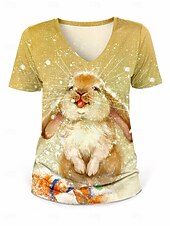 abordables T-shirt de Pâques-Pâques Femme T shirt Animal mode Décontractées Manche Courte Col V Hauts réguliers du quotidien Imprimer Jaune Eté Printemps