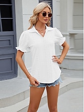 cheap Lace Tops-Women&#039;s Boho T-shirt Plain Bohemia Cute Stylish Short Sleeve Puff Sleeve V Neck Shirt Collar Regular Tops Daily Going out Weekend Ruffle Eyelet Sage Green Black White Pink Wine Summer