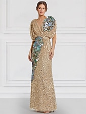 billige GRØNN-Grønn Kolonne Kveldsdrakt Brodert Elegant Kjole Formell Bryllup Gulvlengde Kortermet Juvel Hals Pailletter med Glitrende