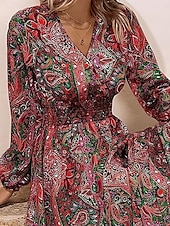 billiga Boho klänningar-Dam Midiklänning Solklänning A linjeklänning Fit And Flare Klänning Puffärmsklänning Semester Semester Ledigt Dagligen Normal Grafisk Långärmad V-hals Gul Rubinrött Grön Sommar