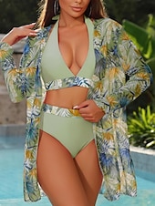 billiga Bikiniset i 3 delar-Dam Badkläder Bikini Tre delar Kalsonger Baddräkt Öppen rygg Smal Hög midja Semester Standkläder Blommig Halterneck Långärmad Baddräkter