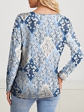 preiswerte Boho-T-Shirt-Damen T Shirt Blumen Brautkleider schlicht Langarm V Ausschnitt Normale Oberteile Täglich Bedruckt Himmelblau Frühling Herbst