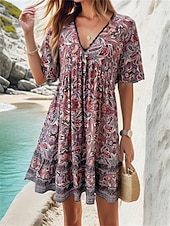 abordables Robes de vacances-Femme robe longue Robe casual Robe Trapèze Elégant mode Décontractées Vacances du quotidien Ample Graphic Manche Courte Col V Noir Jaune Bleu Vert Eté Printemps